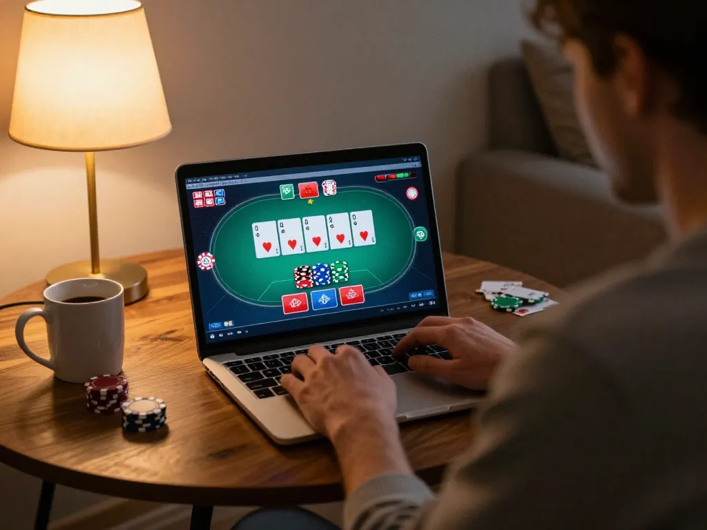 VU88 user actively engaging in online poker gameplay from home, showcasing a personal gaming setup.