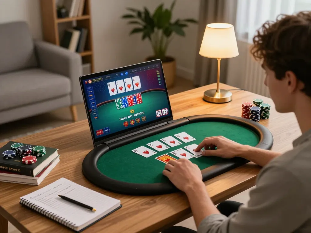 Experience strategic gameplay with 789wincom at an engaging online poker table in a cozy home setting.