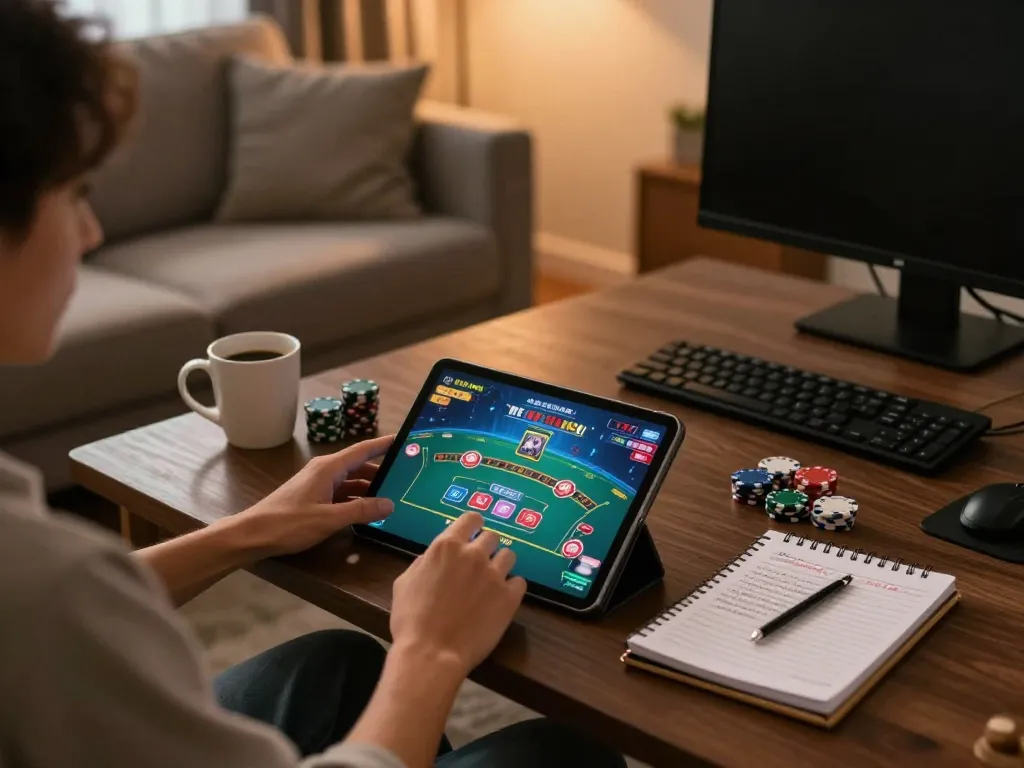 Player enjoying JUN88 online gaming on tablet with casino strategy notes in home setting.