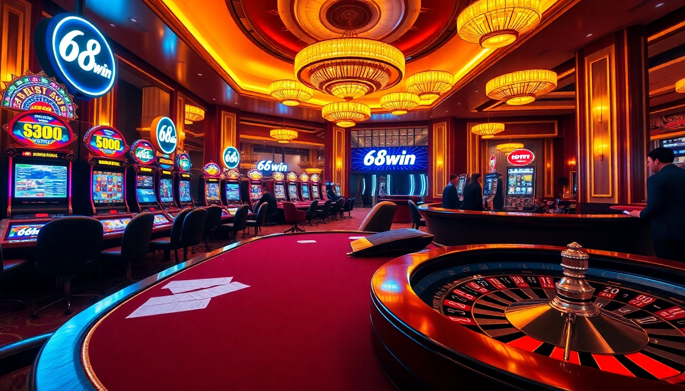 High-stakes excitement at 68win casino featuring poker tables, vibrant slot machines, and roulette wheels.