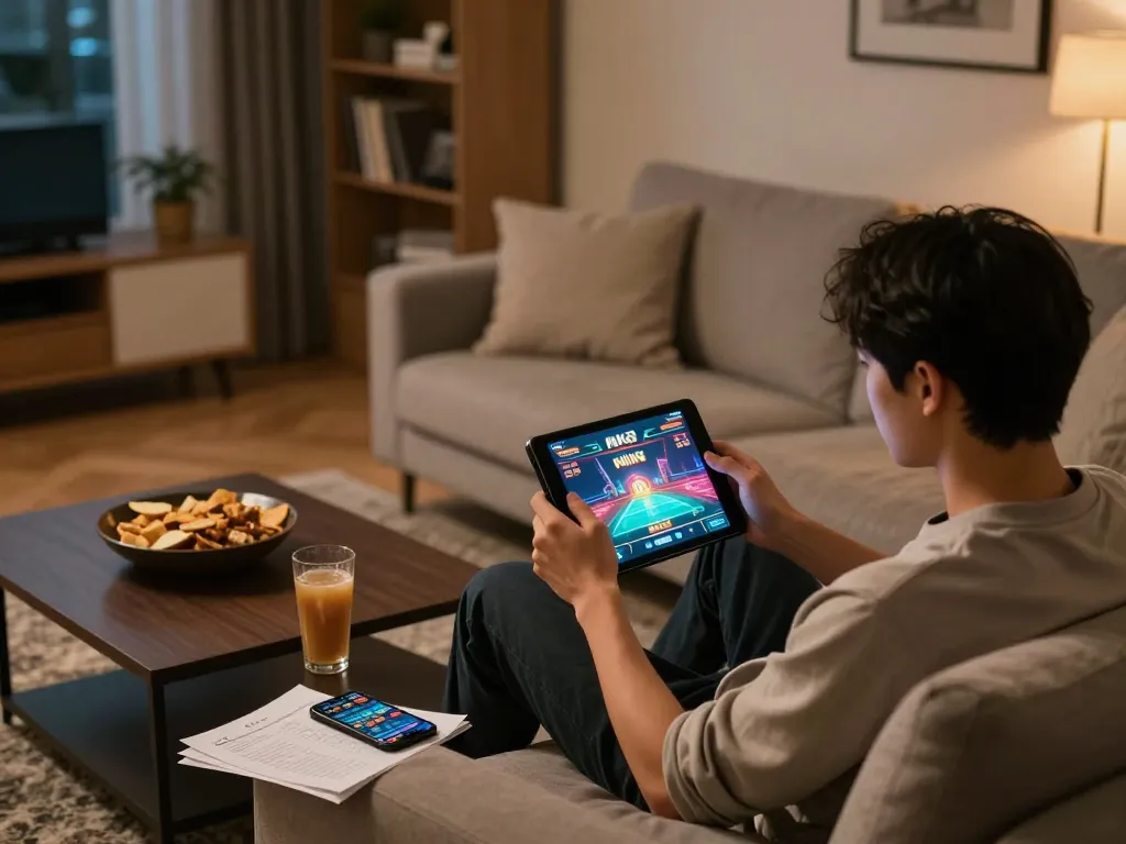 Engaging in MK8 online casino gaming on a tablet in a cozy home setup