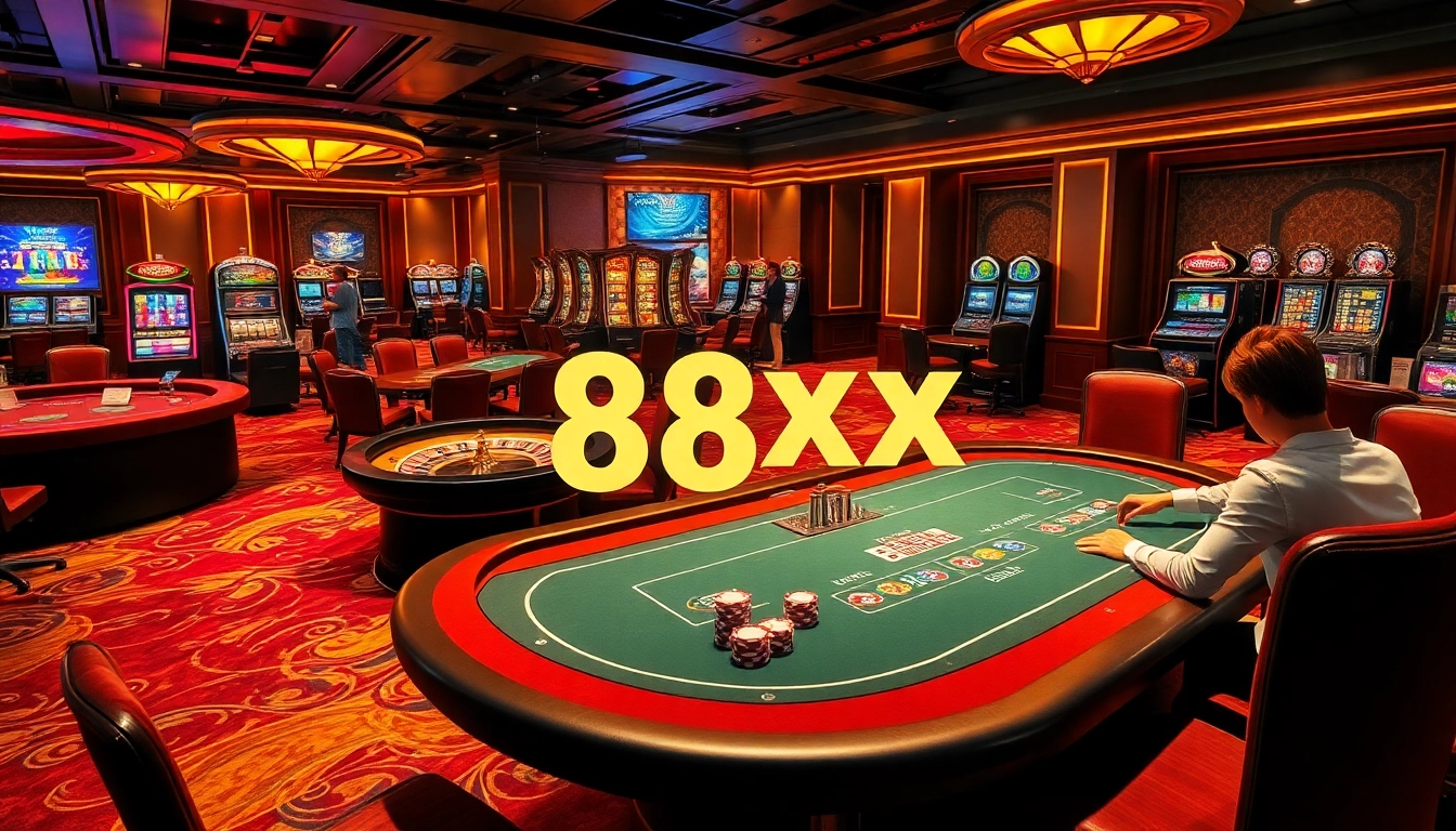 Players engaging at a vibrant poker table in a luxurious 88xx casino environment with slot machines and a roulette wheel.