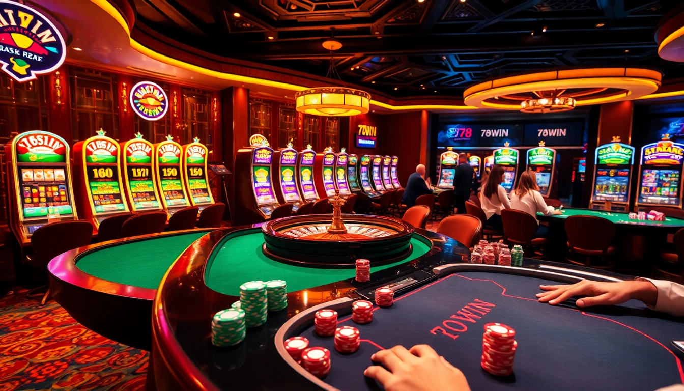 Engaging gameplay at 78WIN's luxurious casino, showcasing vibrant slot machines and exciting card games.