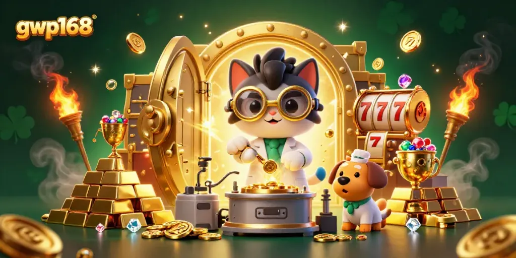 Permainan slot online di gwp168 dengan kucing ilmuwan dan anjing asisten dikelilingi harta