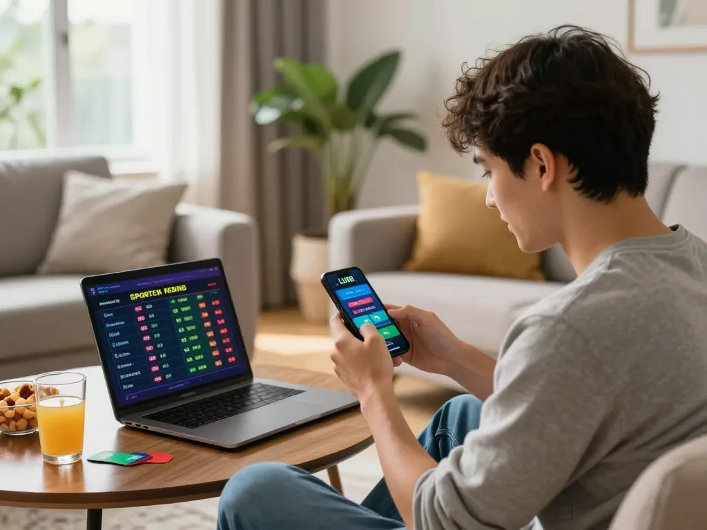 Engaging user playing on the LU88 mobile casino app, enjoying sports betting in a modern living room.