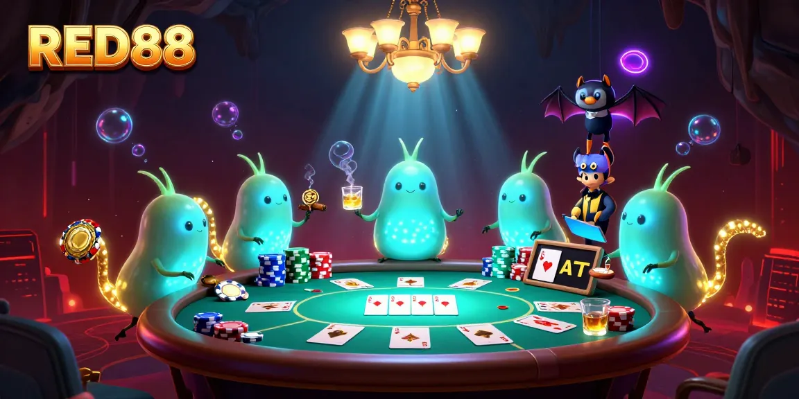 Experience RED88 in a vibrant casino scene with glowworms and a bat dealer.
