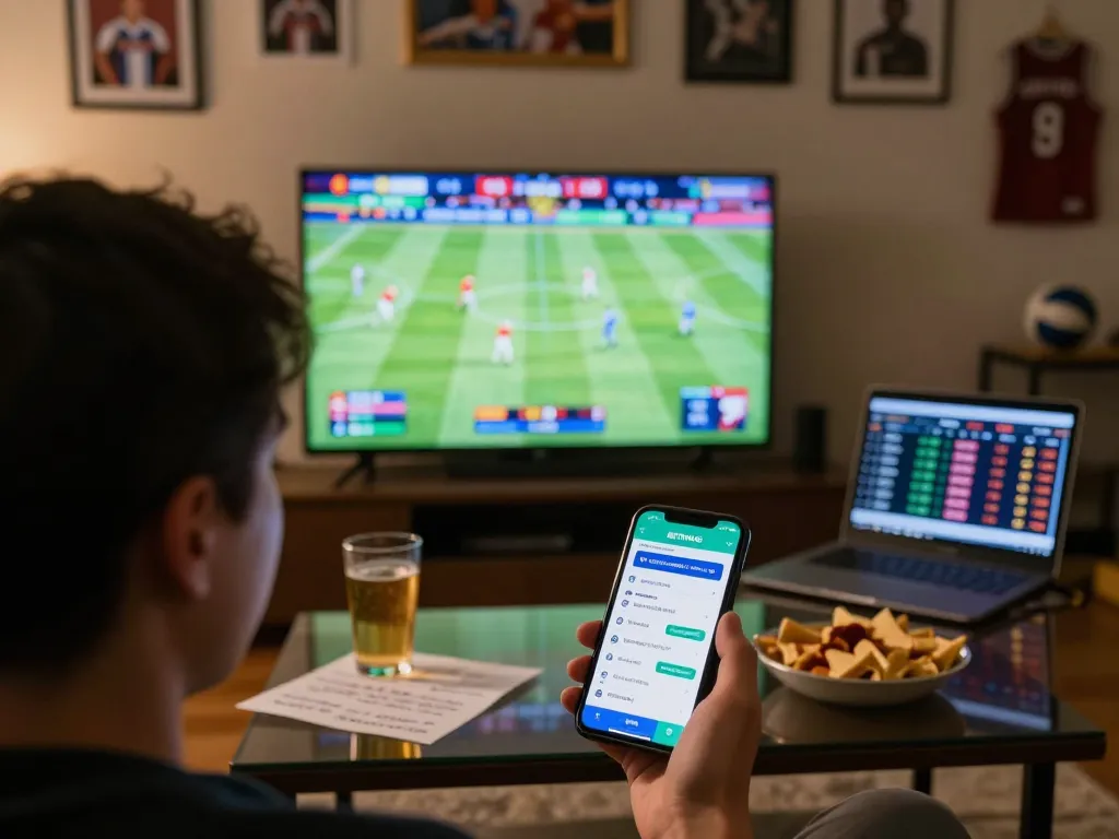 Person placing bets on the BETWIN4D app during a thrilling sports event at home