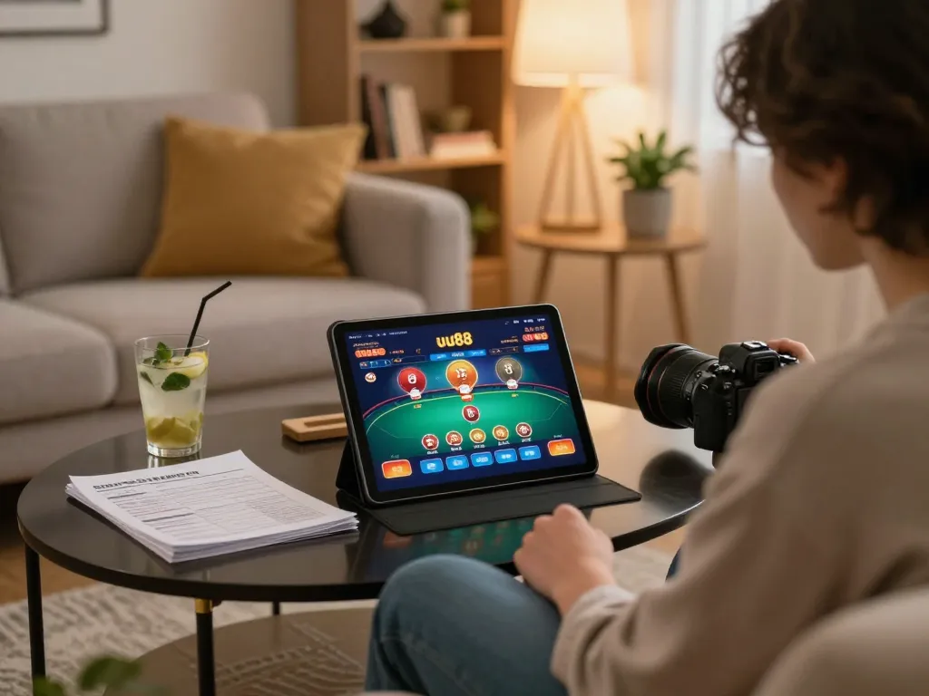 Engaging scene of a user playing at uu88 online casino, focused on tablet game interface in cozy home.
