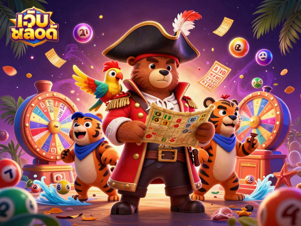 Experience excitement with เว็บสล็อต as a pirate bear, tiger, and parrot in a dynamic casino scene filled with vibrant game elements.