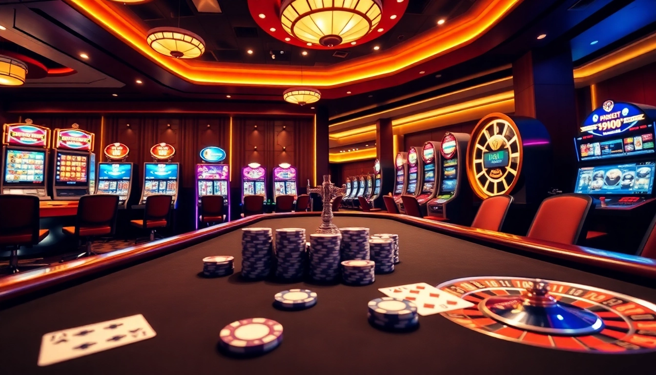 Experience the excitement of gambling at 99ok with a vibrant casino scene featuring poker, slots, and roulette.