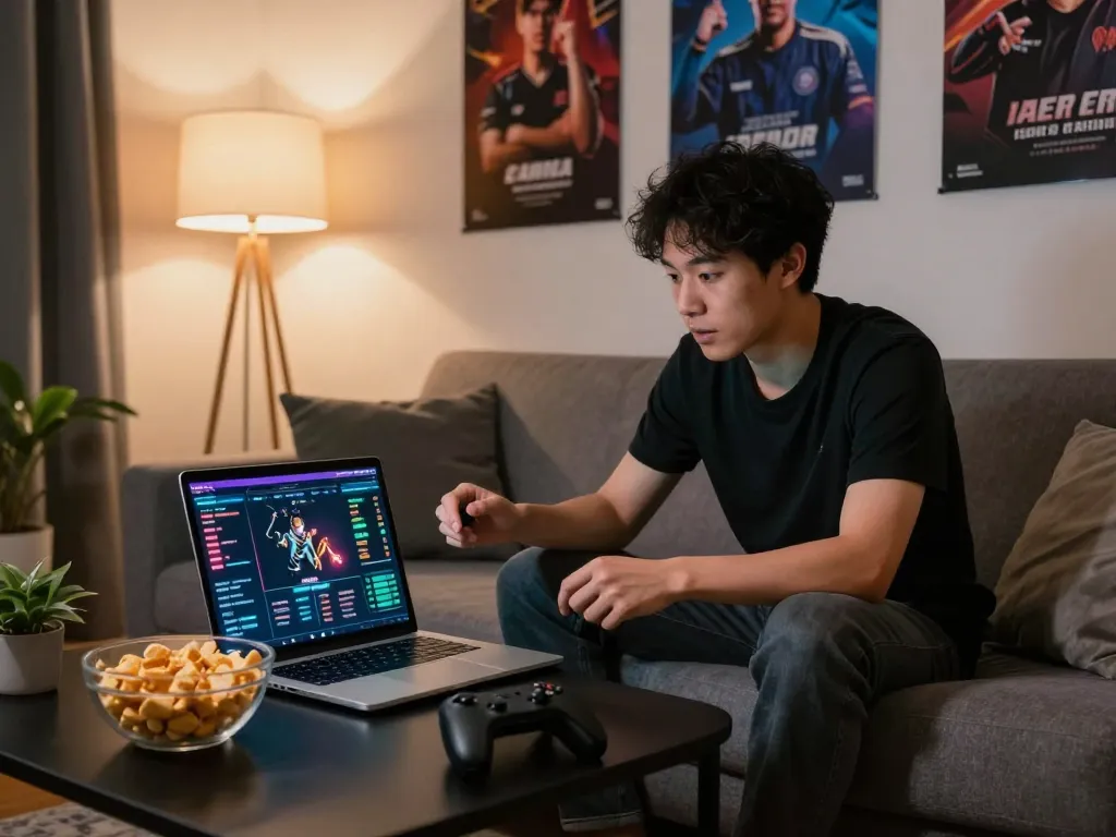 Engaging in esports betting Singapore from a cozy home environment using a laptop and analyzing game odds