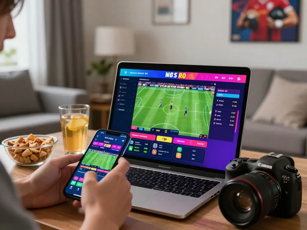 Fabet online betting experience with smartphone and laptop in dynamic home setting.