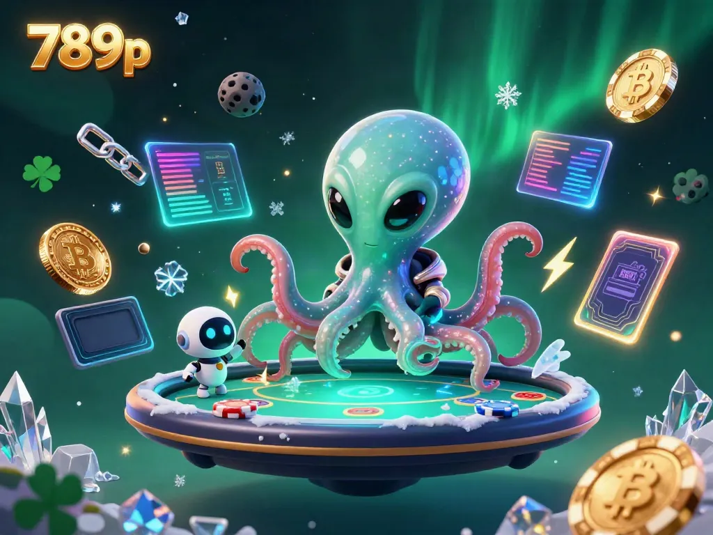 Engage with 789p's exciting holographic poker scene featuring an alien octopus and vibrantly designed 3D elements.