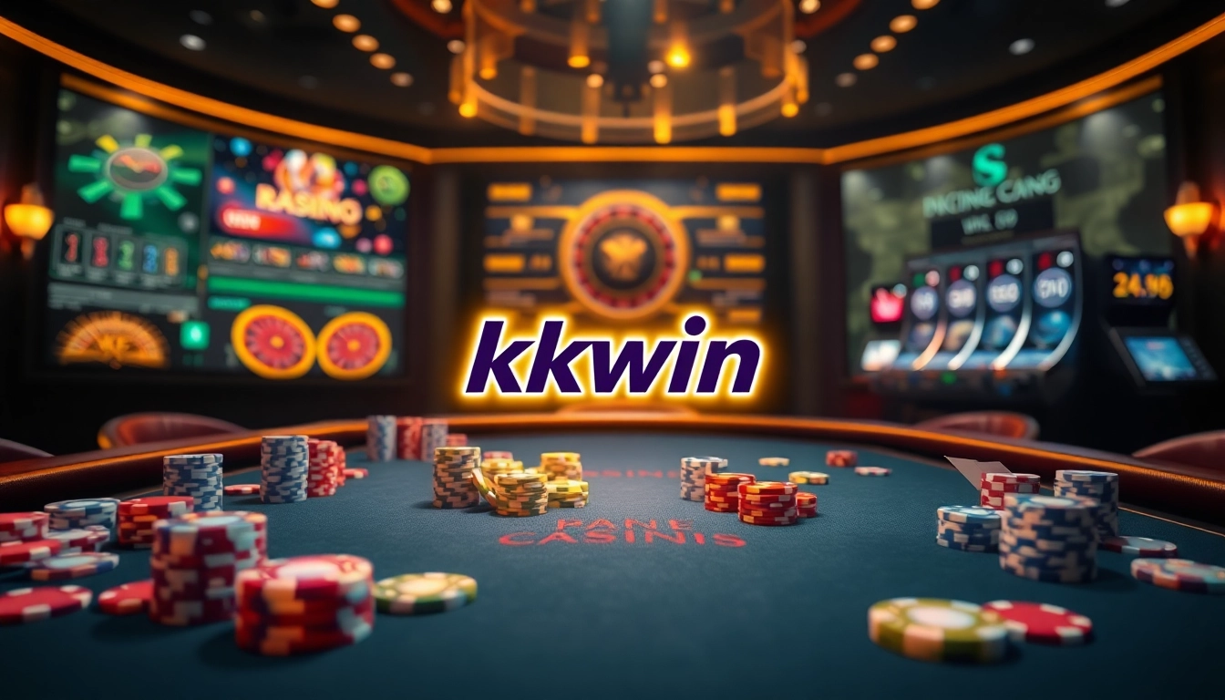 Kkwin poker game setup with colorful chips and an elegant casino interface in the background.
