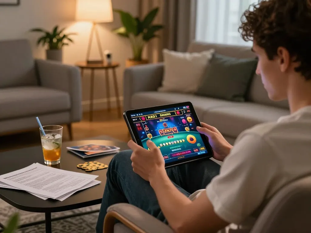Engaging player exploring okking casino games on a tablet in a cozy living room atmosphere.