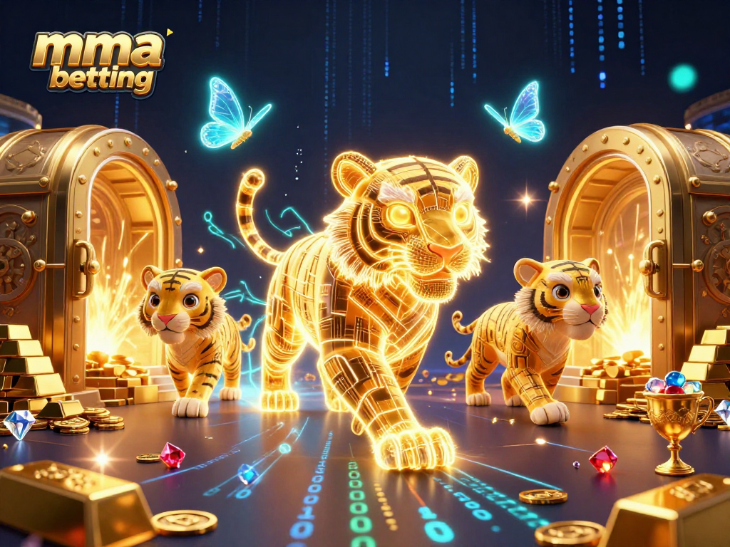 MMA betting scene with vibrant visuals featuring a neon tiger and butterflies amidst treasure elements.
