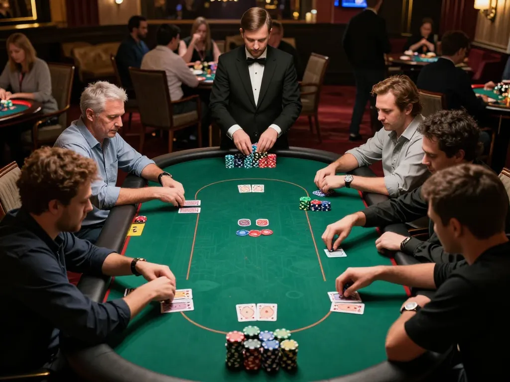 Players at the HIT CLUB poker tournament strategizing their next moves with vibrant chips and cards.