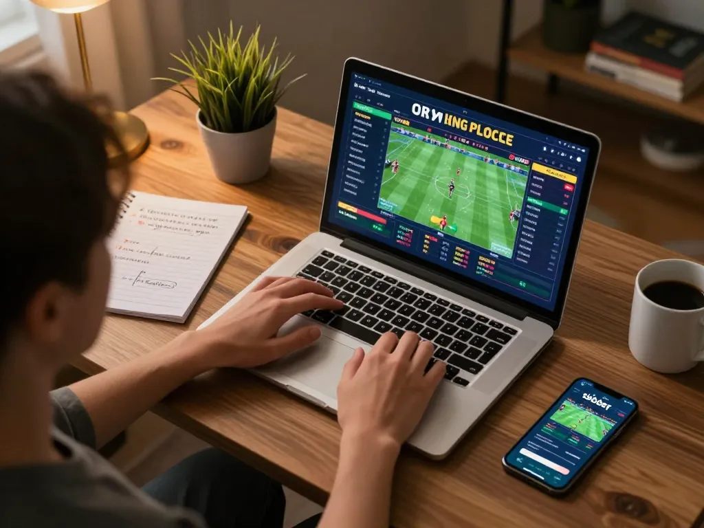 Sbobet betting live on a laptop at home with betting notes and a smartphone nearby