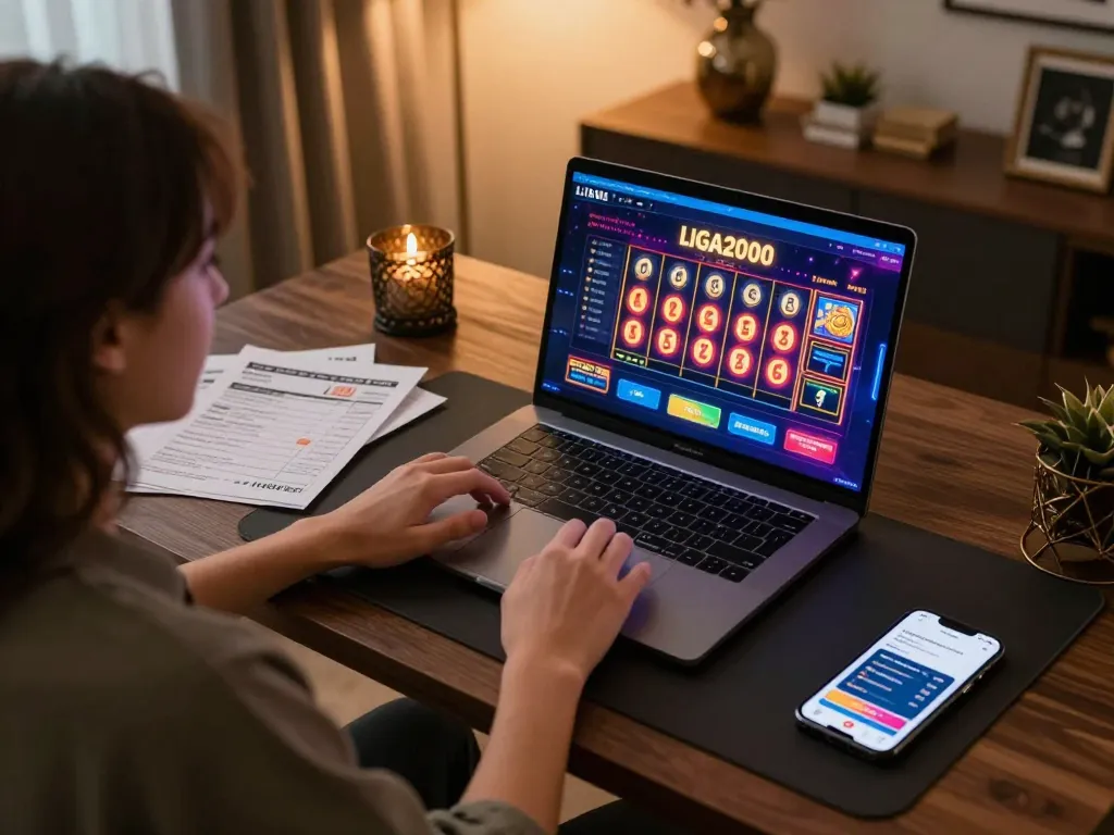 LIGA2000 online gaming setup with vibrant slot graphics and player engagement in a stylish home
