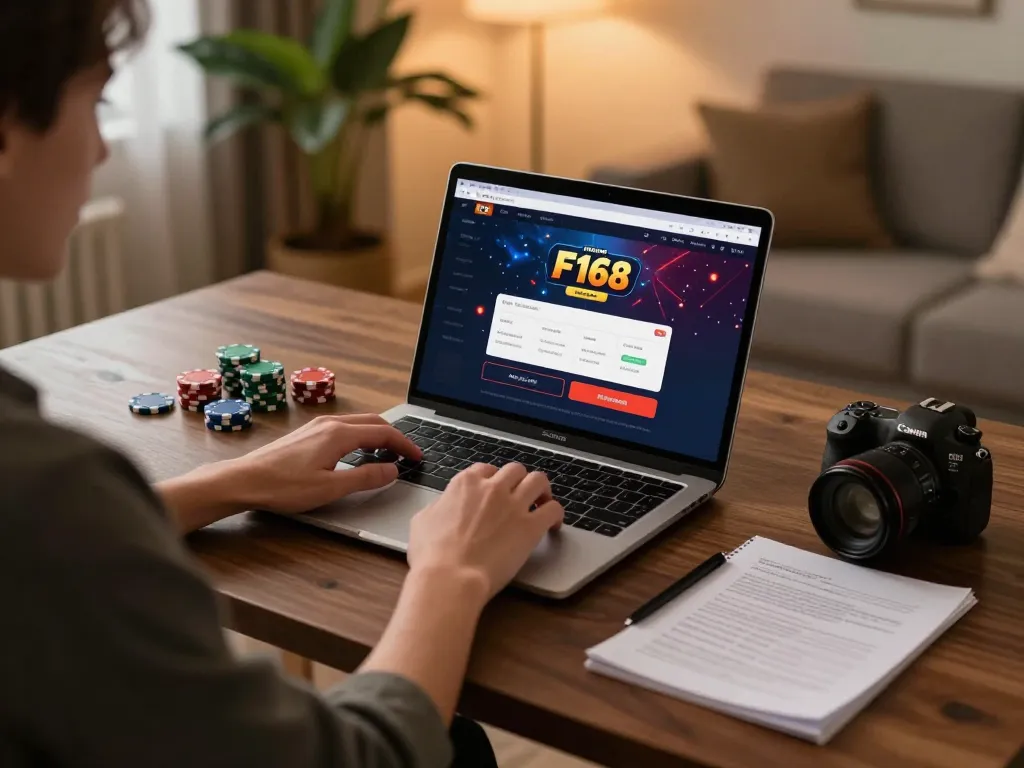 Person engaging with the F168 online casino interface on a laptop, showcasing a comfortable gaming setup.