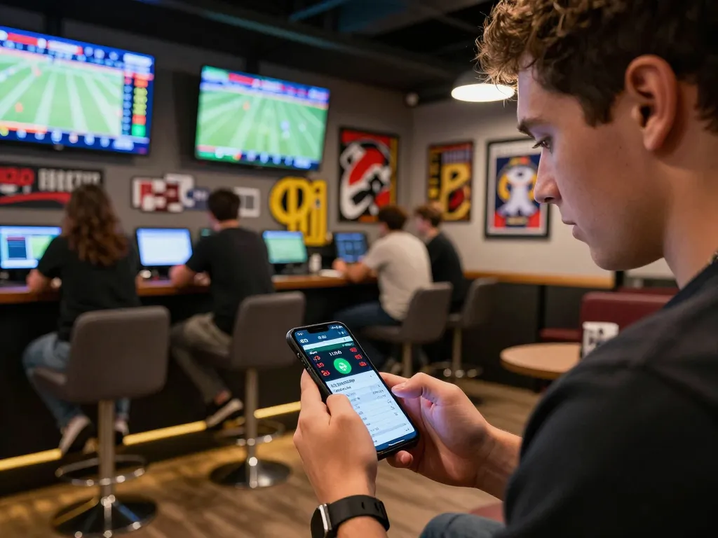 Soi kèo live betting action with player focused on odds updates on a smartphone in a sports bar