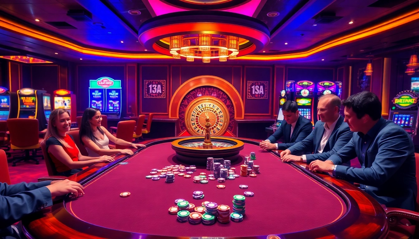 Exciting casino poker action at hay888 with vibrant chips and roulette wheel.