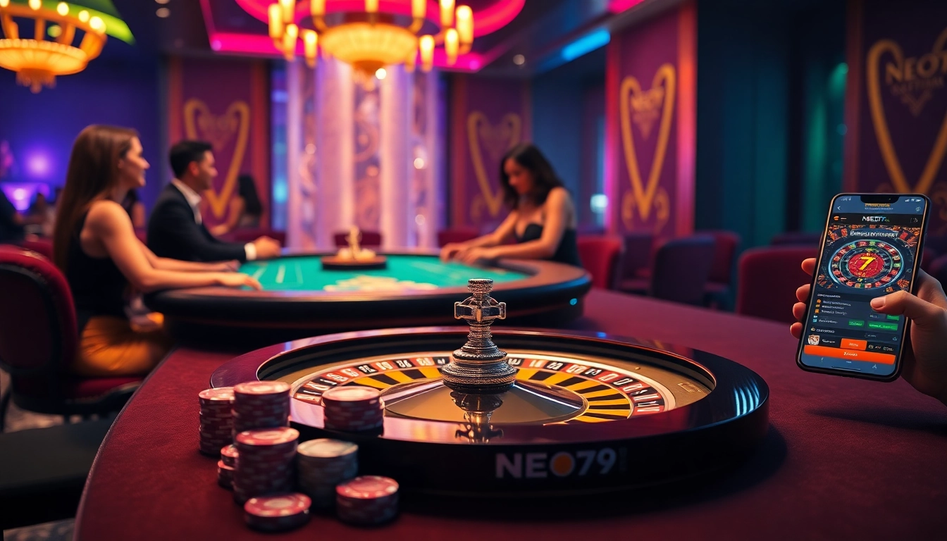 Experience the thrilling casino atmosphere with NEO79's vibrant gaming scene featuring poker chips and roulette.