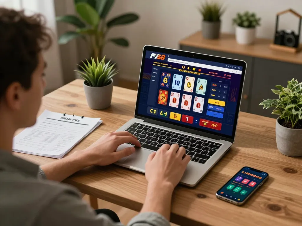 Player engaging with F168 online casino on a laptop, showcasing responsible gambling strategies.