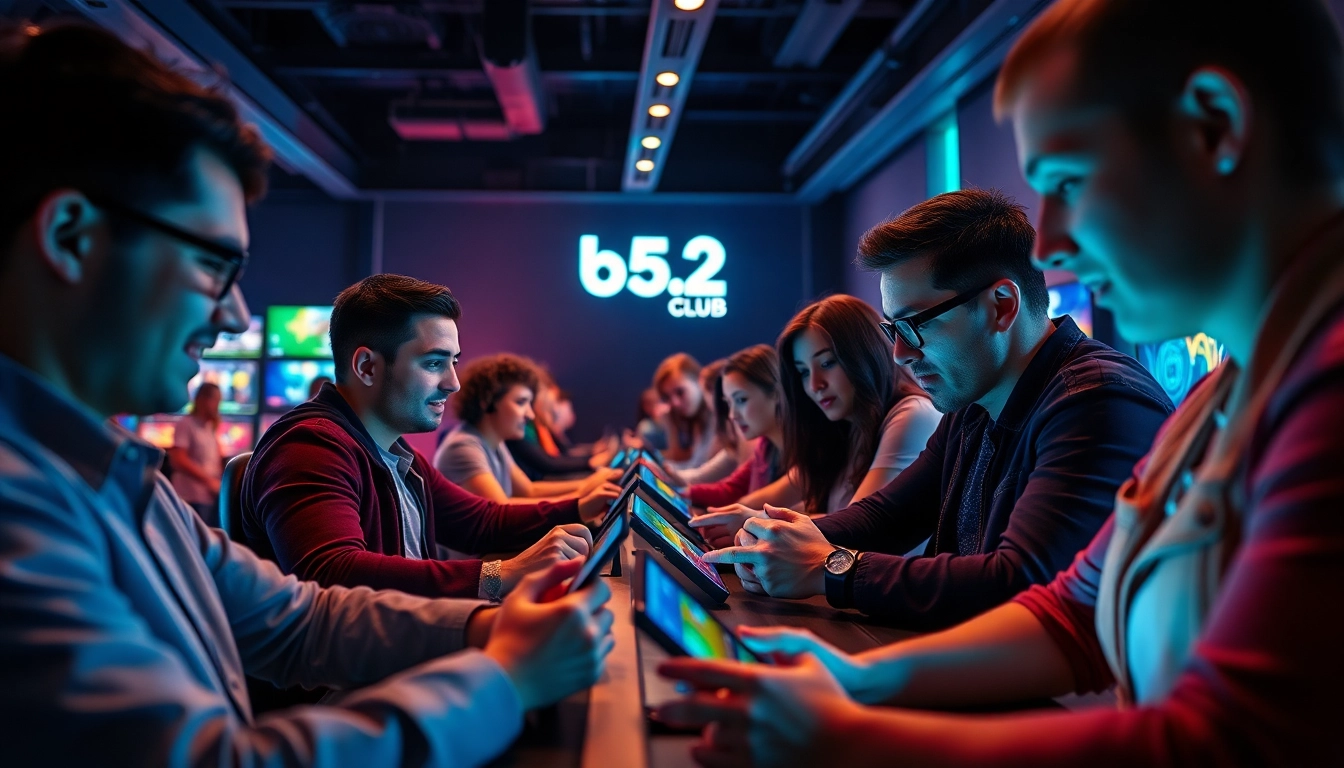B52 club gaming scene with diverse players enjoying live casino and slot games, emphasizing excitement and modern technology.