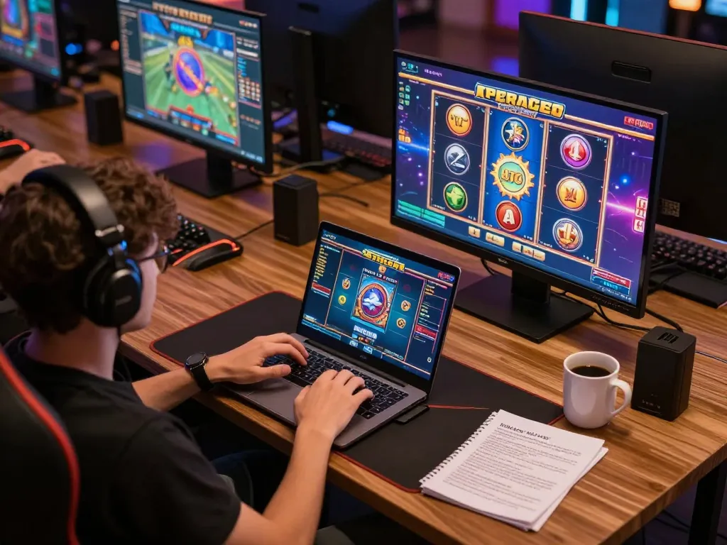 KJC online gaming enthusiast playing slots with strategy notes and warm lighting.