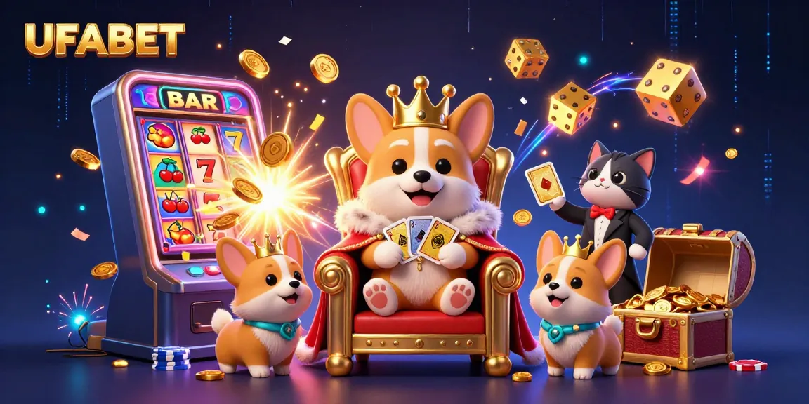Experience exhilarating gaming action with UFABET, featuring a royal corgi, slot machines, and vibrant casino elements.