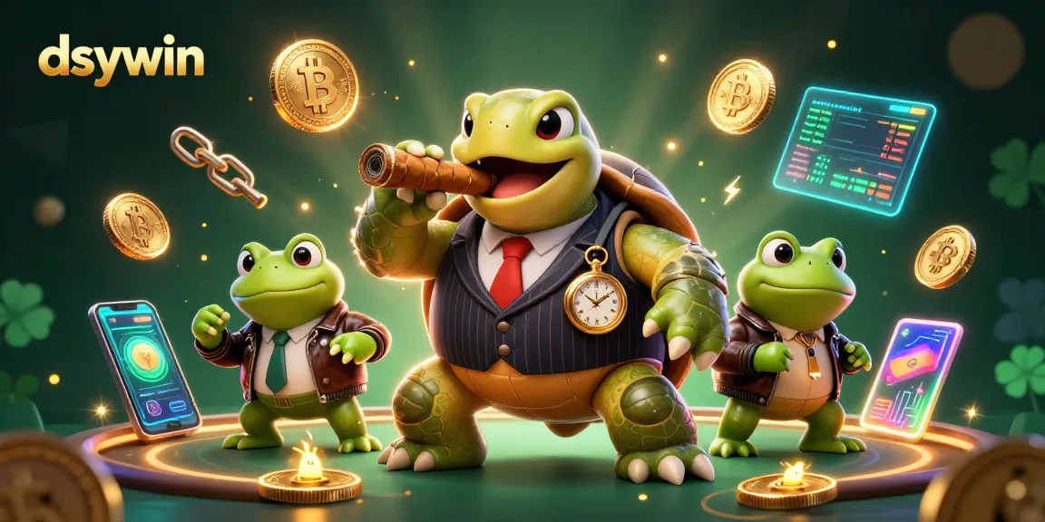Engage with dsywin's thrilling casino offer featuring a mobster turtle and bullfrogs amidst glowing crypto elements.