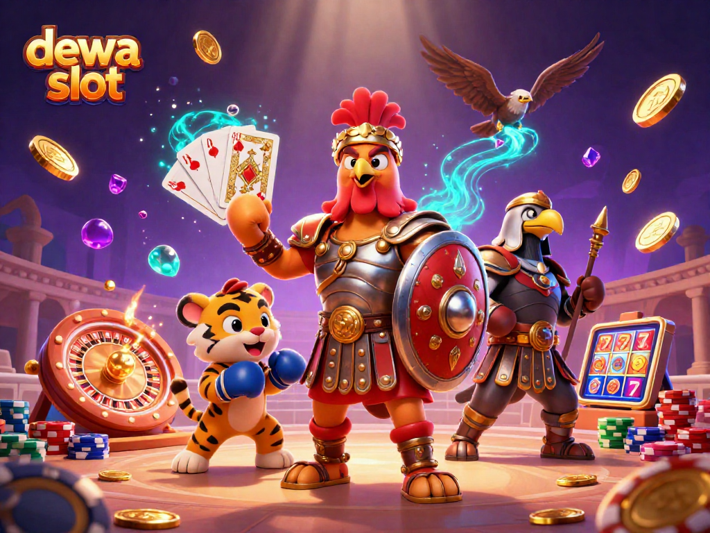 Belajar dewa slot dengan ilustrasi ayam jantan berarmor, uang emas, dan elemen kasino.