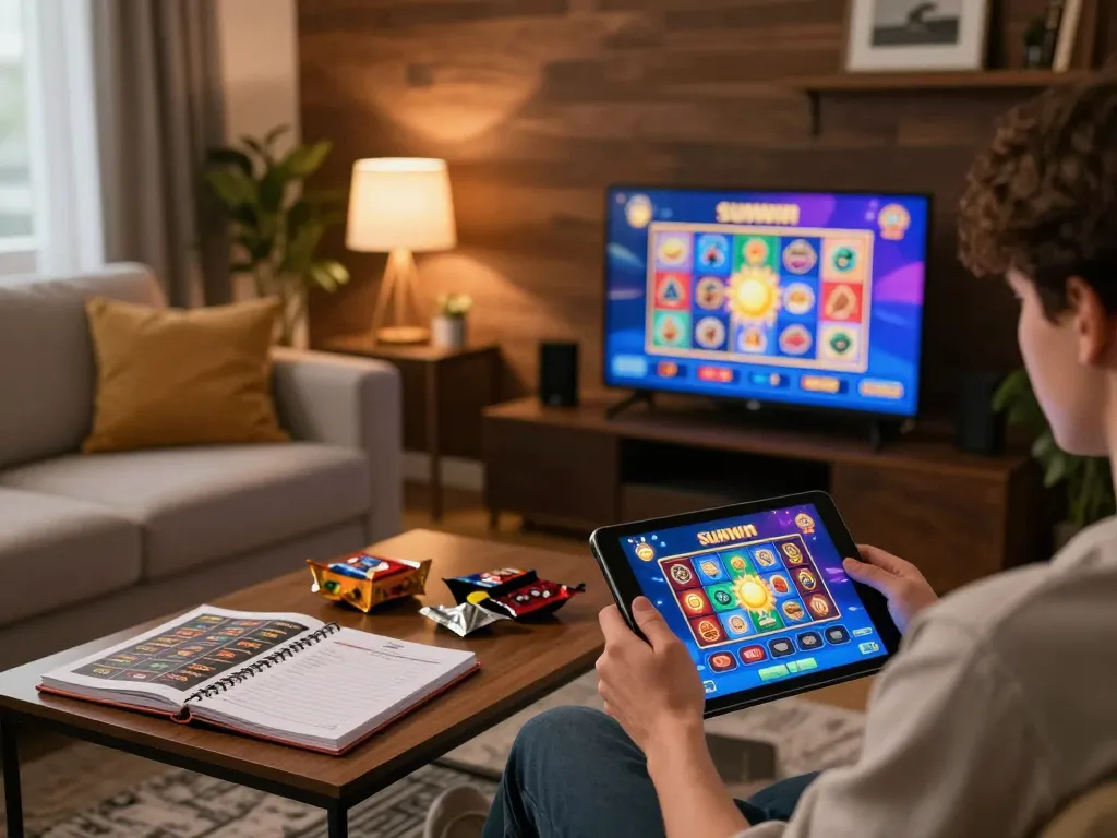 Player engaging with sunwin app on tablet at home, showcasing a cozy and strategic gaming environment.