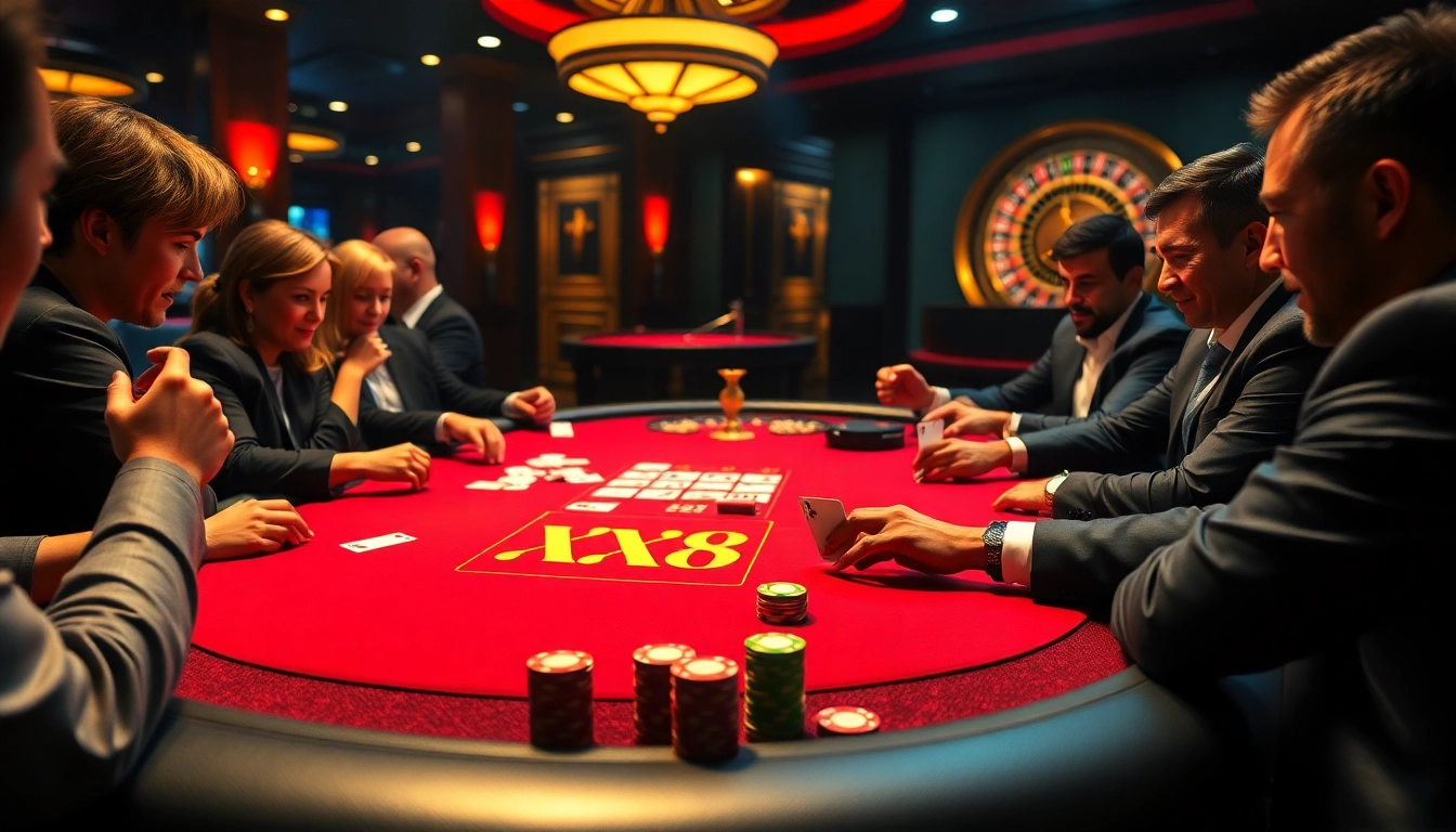 Engage in high-stakes poker at the luxurious XX88 casino table filled with vibrant chips and cards.