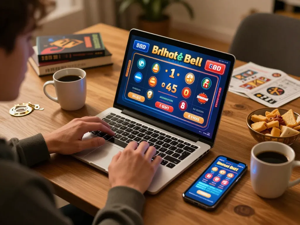 Engaged gambler using 8xbet platform on laptop, with colorful game graphics and cozy ambiance.