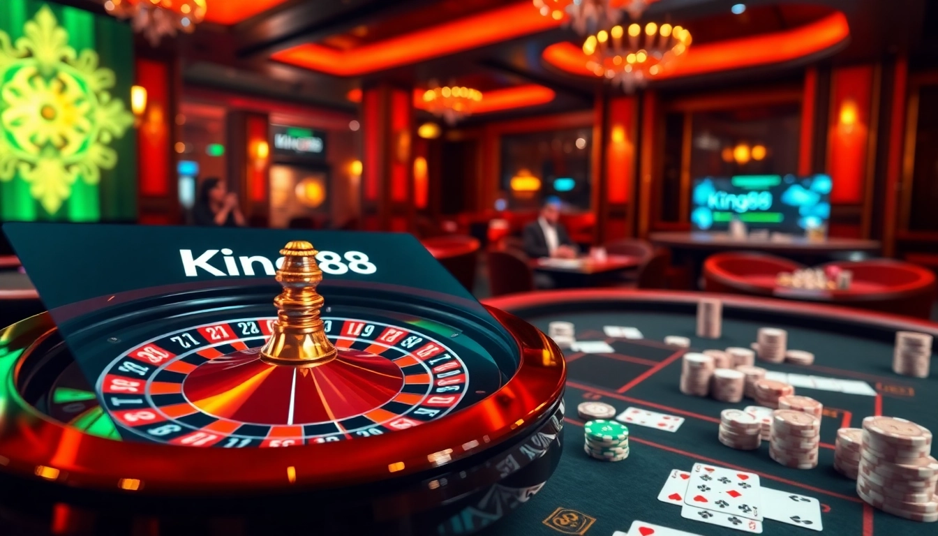Experience the excitement of gambling at King88, featuring an engaging roulette scene with vibrant colors and casino elements.