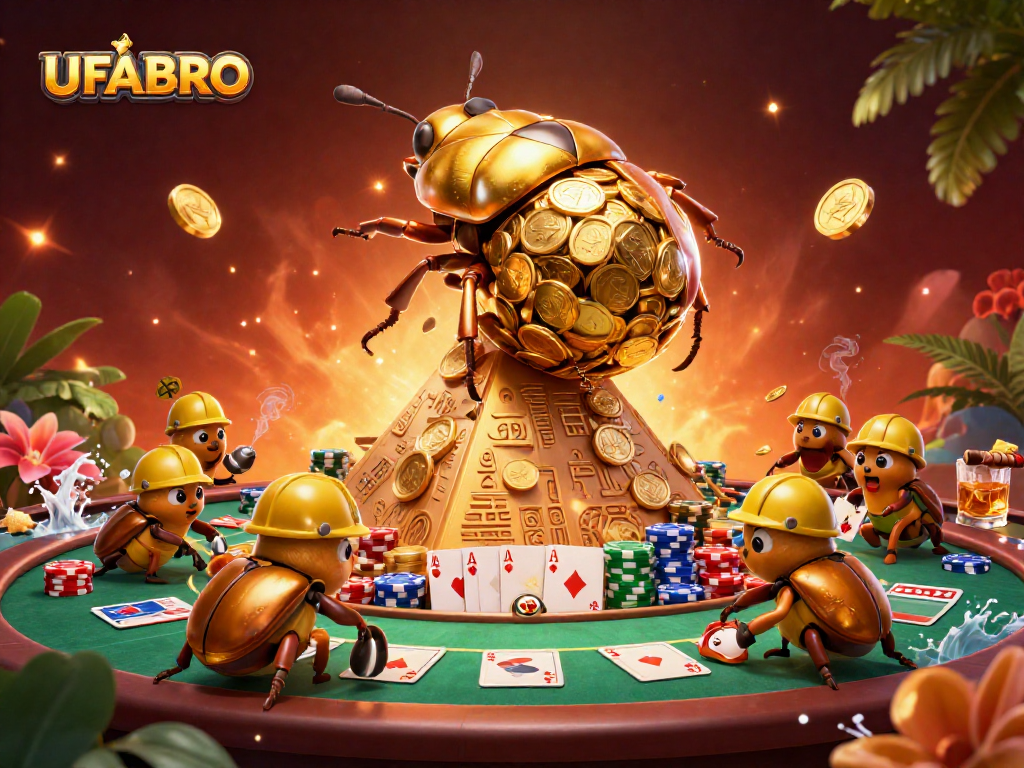 Win big with UFABRO: 3D illustration of golden beetles in a casino-themed scene.