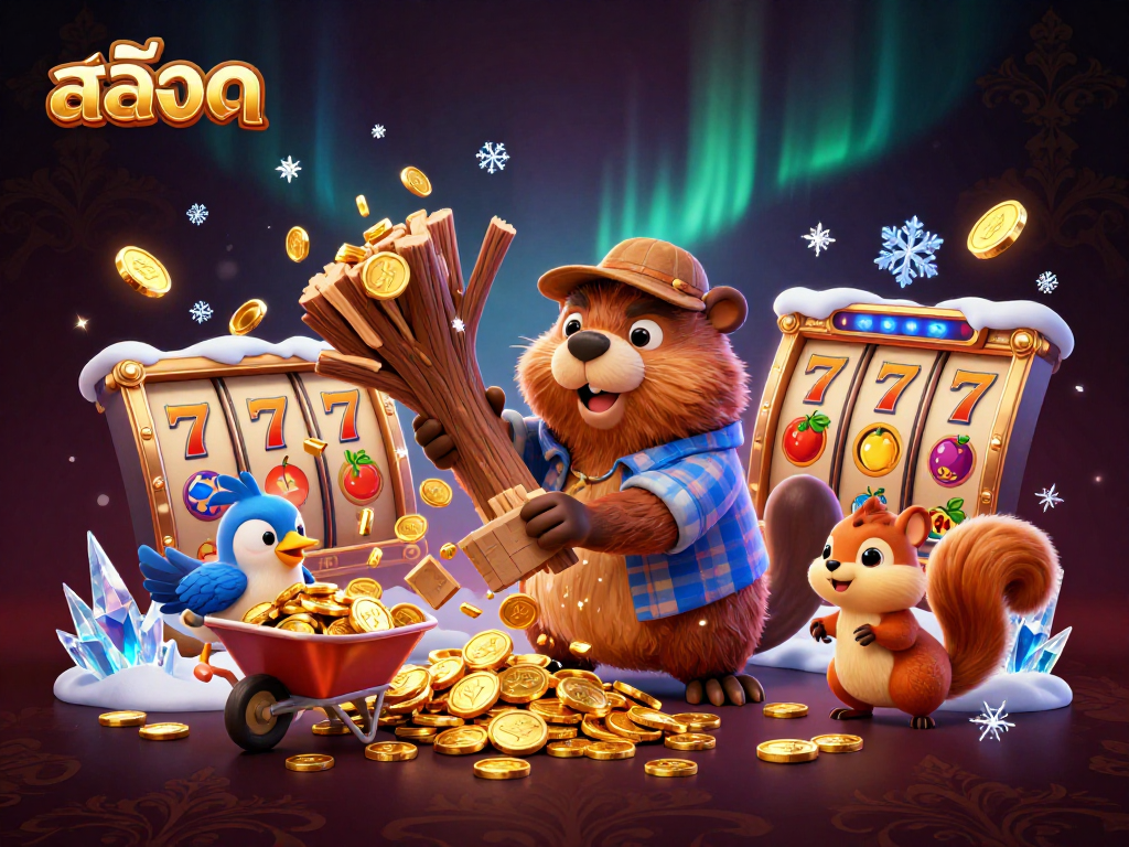 Spin the reels with สล็อต in an exciting 3D casino scene featuring a beaver and friends!