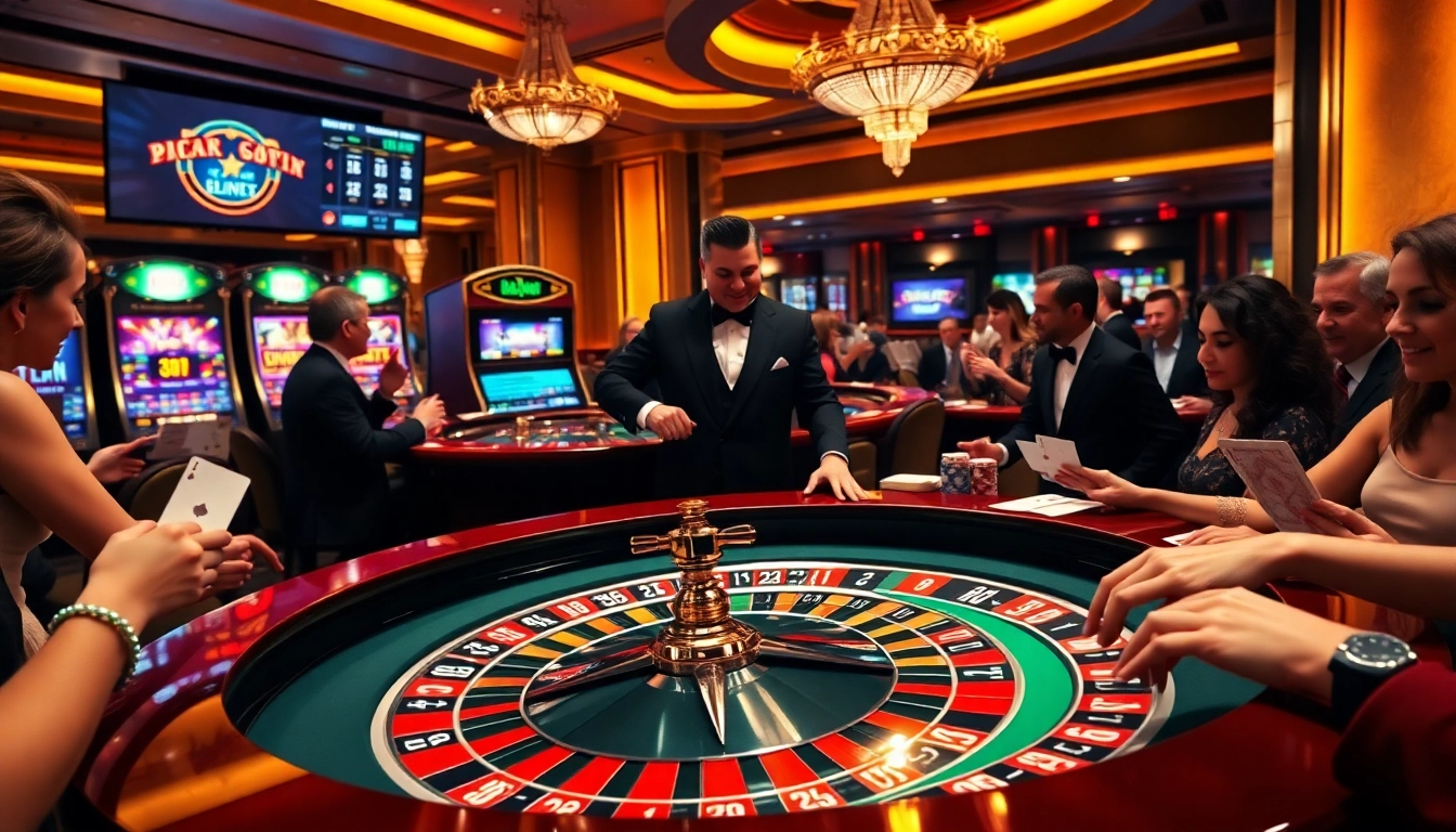 Experience high-stakes gaming at https://ok365t.fit/ in a luxurious casino setting featuring roulette and slot machines.