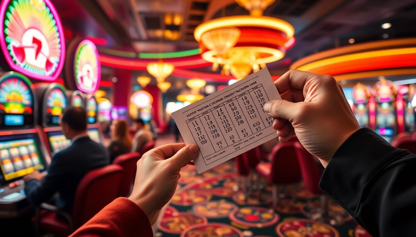 Experience the excitement of the Nova88 lottery with players celebrating potential wins in a vibrant casino.