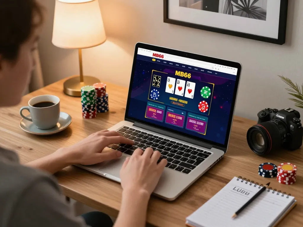 Player engaging in online gambling at MB66 website, showing gaming strategy on laptop