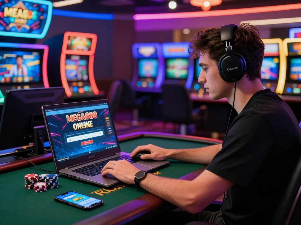 Player engaging with the mega888 online login interface in a vibrant, exciting virtual casino atmosphere.