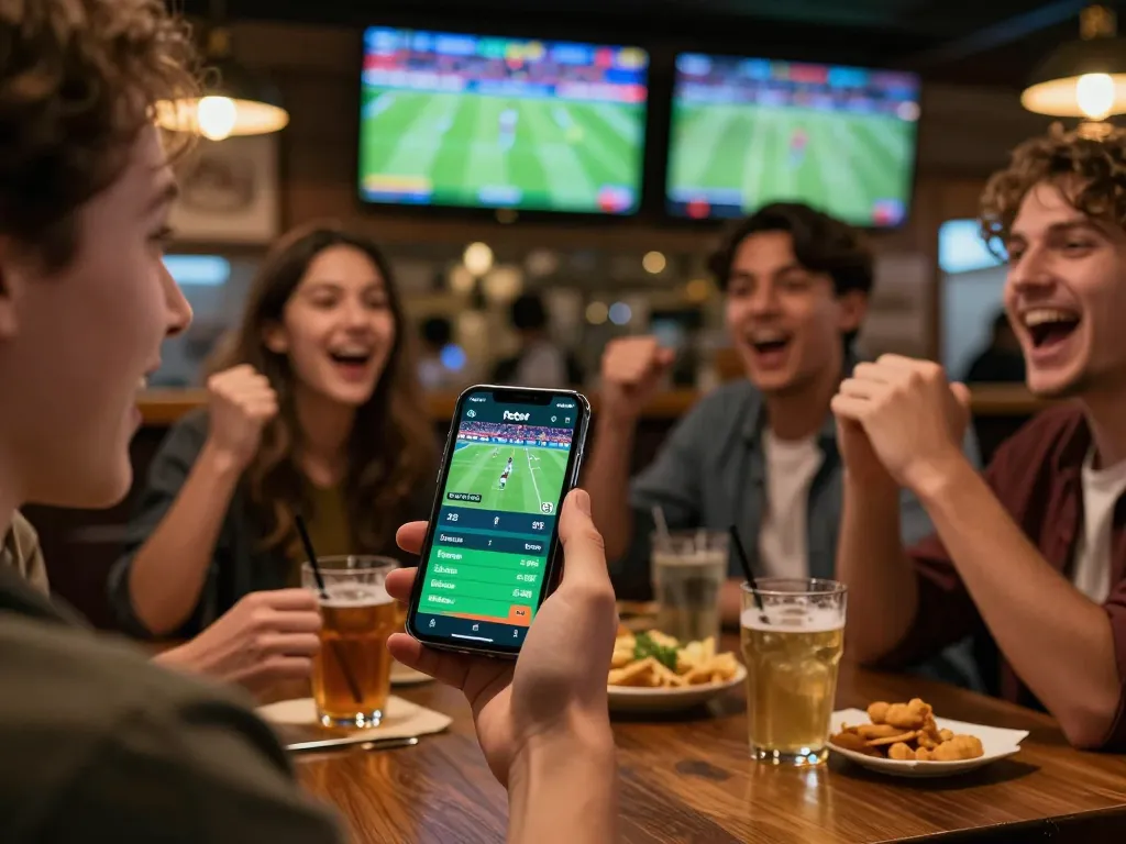 Engaging friends placing bets on the fabet sports betting app during a lively game