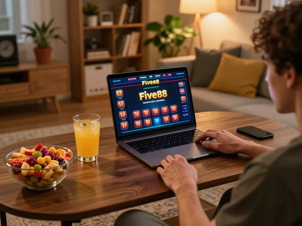 Player engaging in five88 online casino gameplay at home, showcasing dynamic gaming atmosphere.