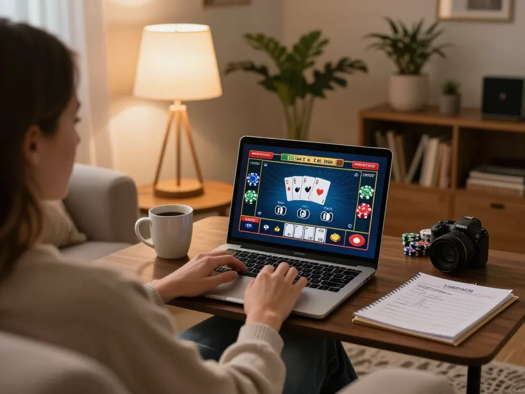 Engaged player utilizing debet88 online gambling platform on a laptop in a cozy home setting, promoting responsible play.