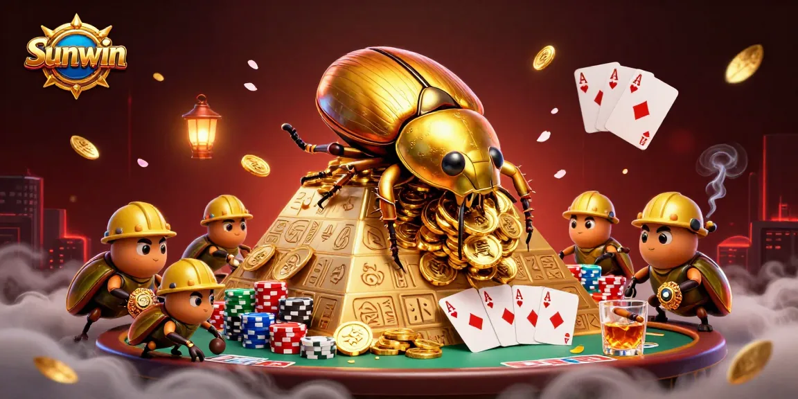 Sunwin casino beetles navigating golden coins with poker elements in a vibrant illustration.