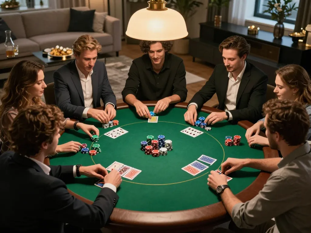TWIN68 poker game scene with friends enjoying a lively atmosphere, chips and cards in play