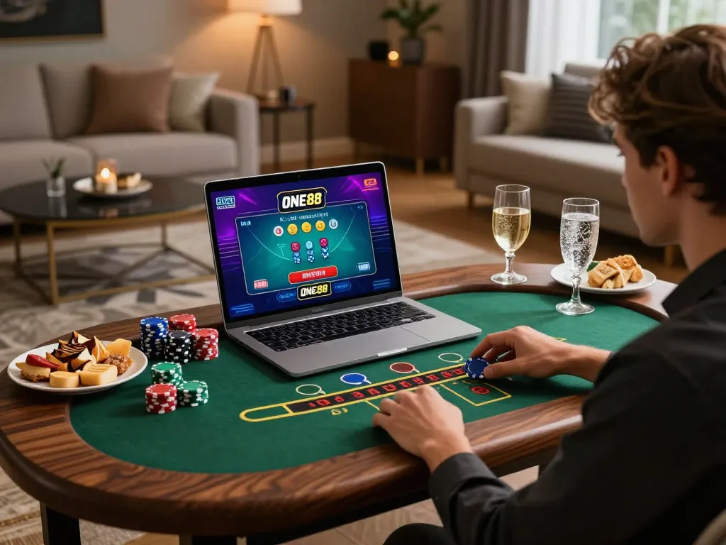 ONE88 player enjoying an engaging live dealer blackjack game in a cozy home setting.