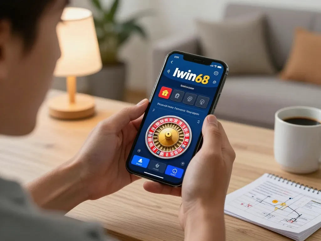 IWIN68 player enjoying exciting mobile gameplay on smartphone with roulette interface, showcasing responsible gaming setup.